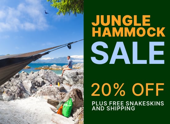 Jungle Hammock Sale Banner, 20% off jungle zip models; photo of person sitting on a rock at a beach in summer clothes, clear day, hammock hanging in foreground.