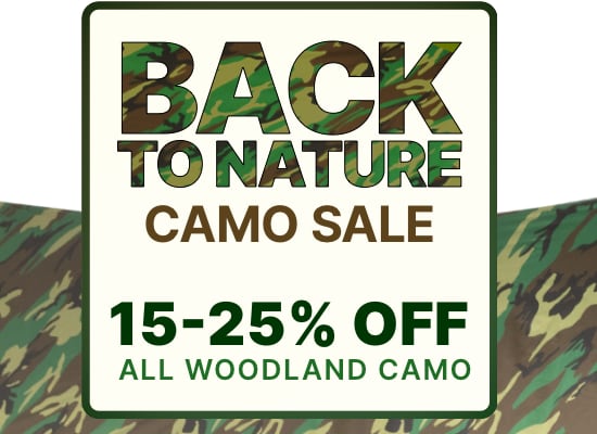 Banner advertising the Back To Nature Camo Sale, with 15-25% off camouflage products.