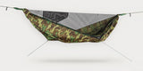 Hammock set up against studio background without rainfly, revealing the ridgeline pocket and mesh.